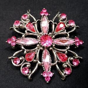 Vintage Pink Rhinestone Floral Brooch Silver Tone 1990s Sparkling Pin